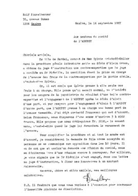 Lettre de Rolf Himmelberger au comité de l’ADUPSY