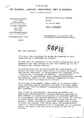 Lettre de Nils de Dardel à Christian Fischer au sujet du procès de Cossonay