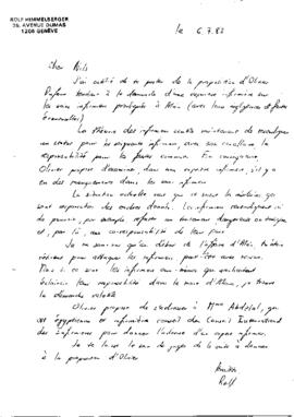 Note de Rolf Himmelberger à Nils de Dardel